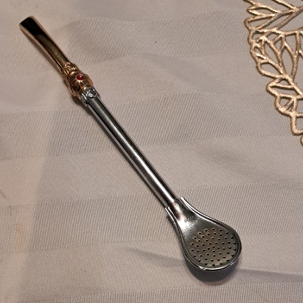 Vintage Metal Yerba Mate Bombilla with Gold-Tone Accent